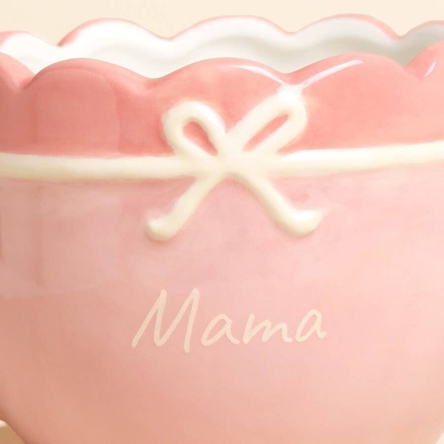 Pink Ceramic Scallop Edge Bow Mama Mug