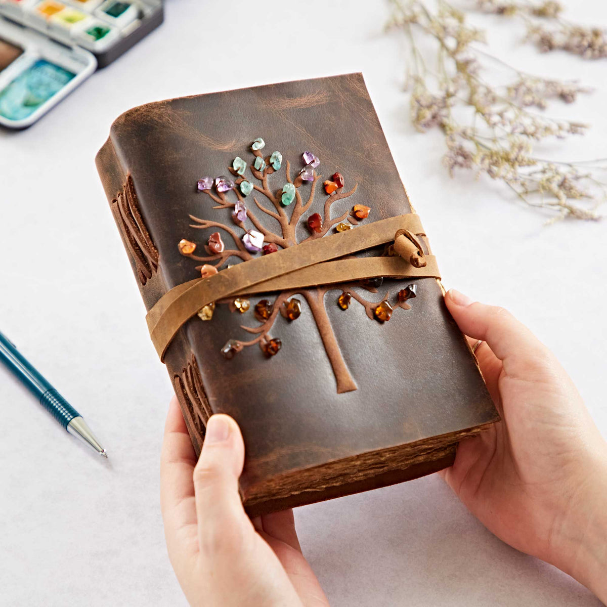 Tree of Life Buffalo Leather Journal with Gemstones